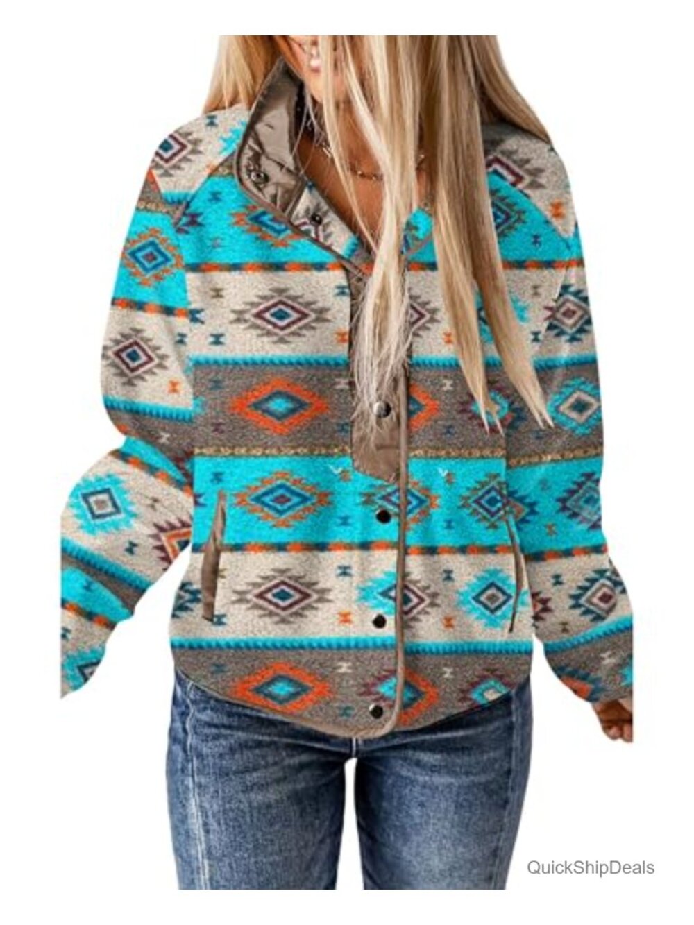 Womens Fleece Jacket Western Aztec Print Snap Button Down Warm